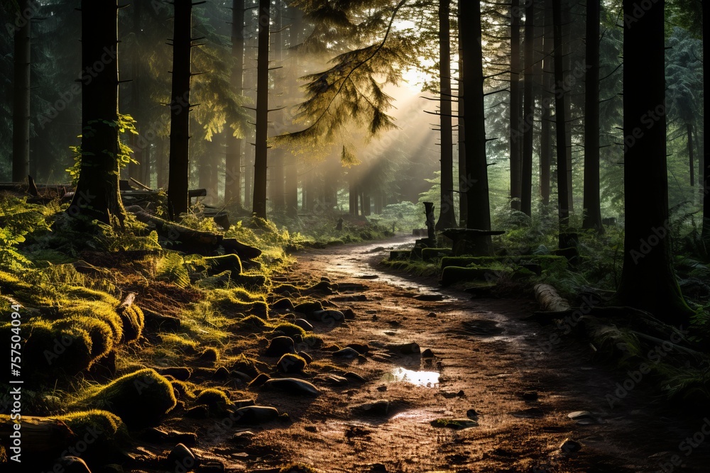 Sunlight filters through trees on forest path, illuminating natural landscape - obrazy, fototapety, plakaty 