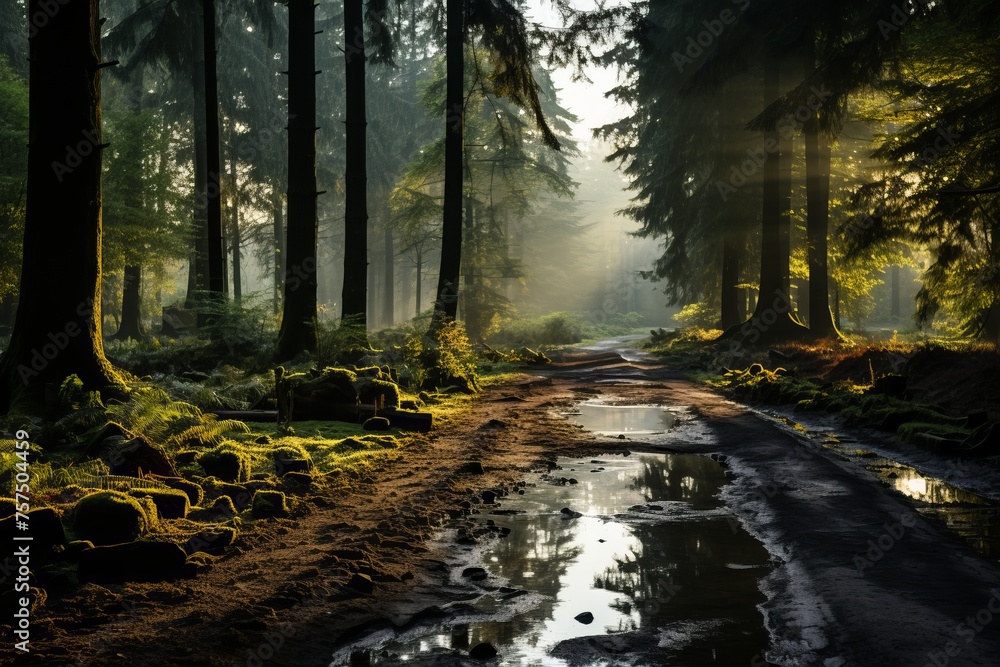 Sunlight filters through trees onto muddy woodland path - obrazy, fototapety, plakaty 