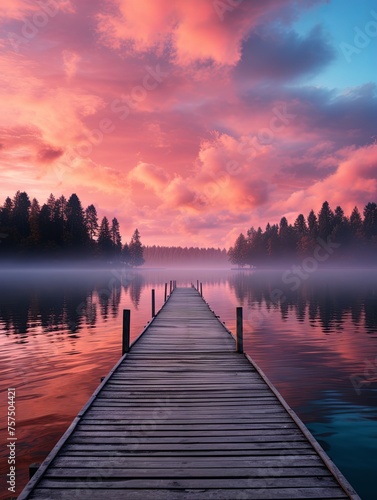 A straight flat simplistic rectangular lake dock  beautiful sunrise  foggy  calm water. Lake with a colourful sky. Nature relax wallpaper  Generative AI