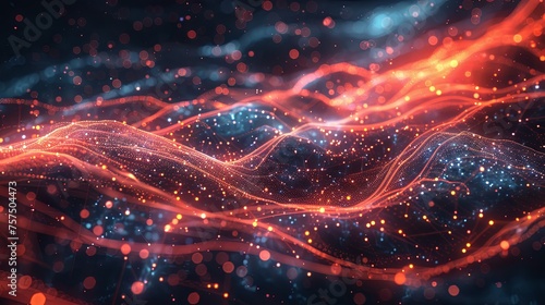 Abstract fiery waves intertwined with sparkling particles, creating a dynamic and energetic digital art background.