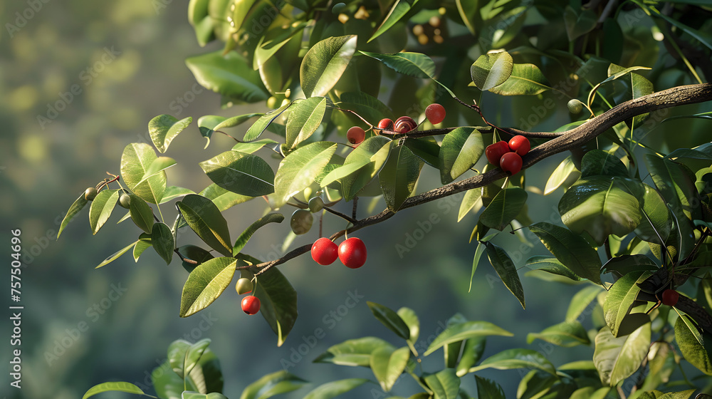 A lush branch with shiny green leaves and ripe red berries basks in the warm sunlight