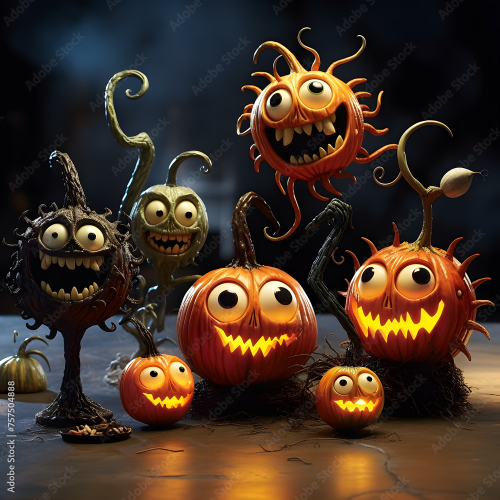 Weird and adorable pumpkin-headed creatures, with a distinct personalities, gather for a moonlit Halloween party Generative AI
