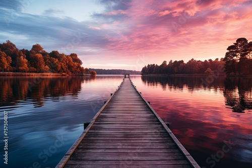 A straight flat simplistic rectangular lake dock  beautiful sunrise  foggy  calm water. Lake with a colourful sky. Nature relax wallpaper  Generative AI