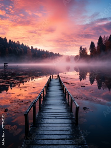 A straight flat simplistic rectangular lake dock, beautiful sunrise, foggy, calm water. Lake with a colourful sky. Nature relax wallpaper, Generative AI