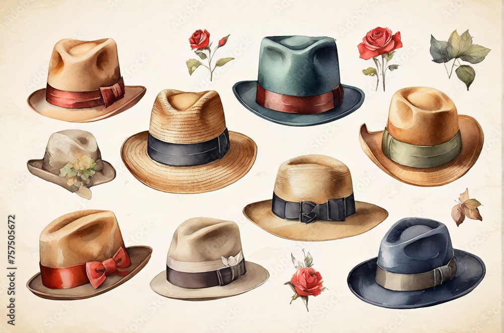 Watercolor painting. Set of vintage hats on pastel background. AI generated