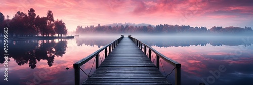 A straight flat simplistic rectangular lake dock, beautiful sunrise, foggy, calm water. Lake with a colourful sky. Nature relax wallpaper, Generative AI photo
