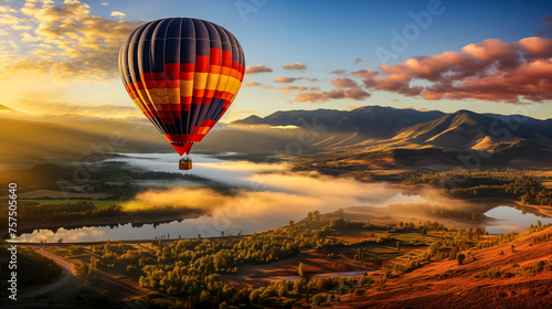 Colorful hot air balloon is flying over a River,