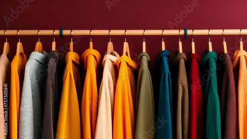 hanging in rows of brightly colored clothes sewn for the fall or winter season, Generative AI	