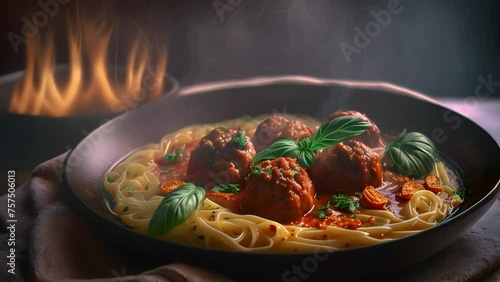 Plate of steaming hot pasta with rich tomato sauce, tender meatballs, fragrant herb. Generative AI