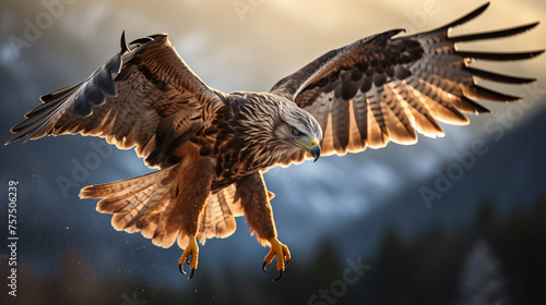 Dynamic action shot of hawk hunting fish during the break of dawn in the alps mountains сreated with Generative Ai
