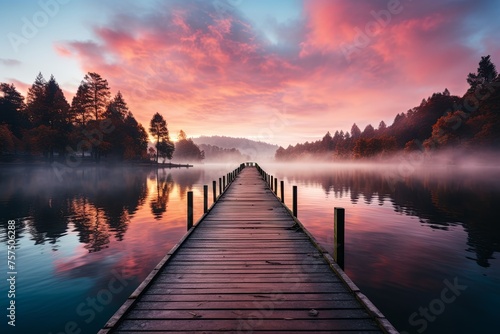 A straight flat simplistic rectangular lake dock, beautiful sunrise, foggy, calm water. Lake with a colourful sky. Nature relax wallpaper, Generative AI photo