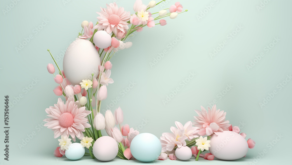 Easter composition of eggs and flowers. Place for text. Pastel colors and light back