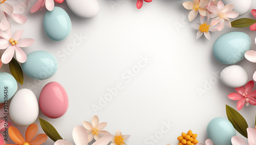 Easter composition of eggs and flowers. Place for text. Pastel colors and light back