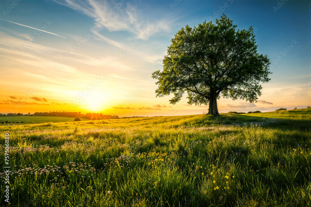 Solitary tree at sunset in lush meadow