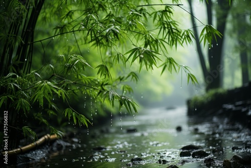 A river flowing through a forest with trees, grass, and a riparian zone photo
