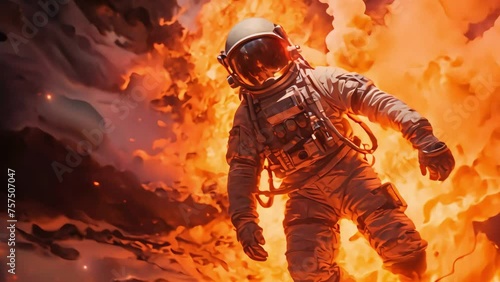an astronaut in a spacesuit engulfed in flames, a cotostrophic space rescue scenario. Generative AI	
 photo