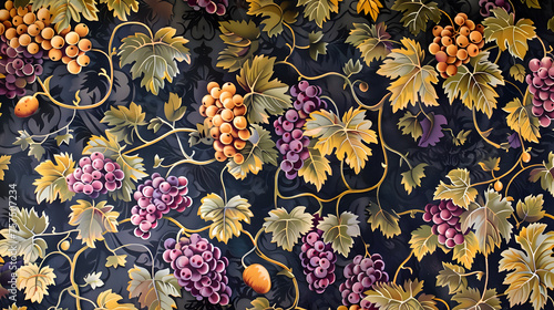 This image features a detailed and ornate grapevine pattern with various grapes and leaves on a dark background, giving a luxurious and vintage feel
