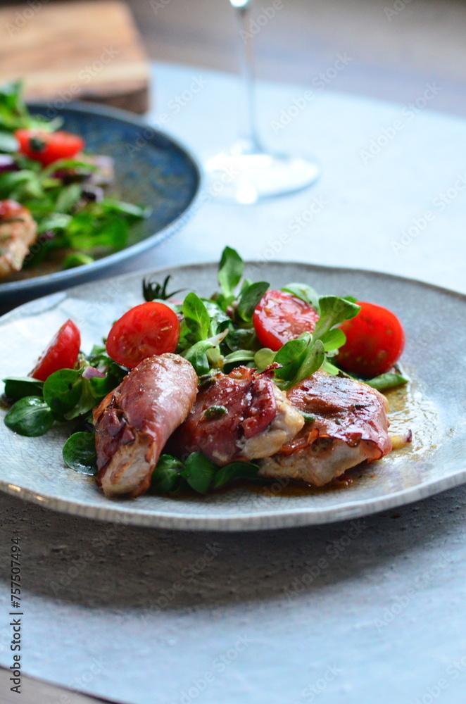 beautiful background of food served on a rustic plate, italian cuisine, veal saltimbocca, mixed salad, close up view, beautiful background of food served on a rustic plate, italian cuisine, veal saltimbocca, mixed salad, close up view,