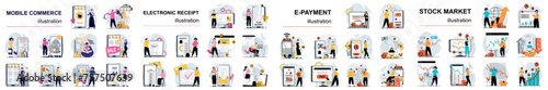 Mega set flat design concept payment, stock market, mobile commerce, electronic receipt with people character situations. Bundle of different scenes. Collection vector illustrations.
