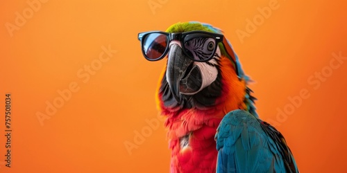 A colorful parrot wearing sunglasses against an orange background, symbolizing summer and vacation in the sun Generative AI