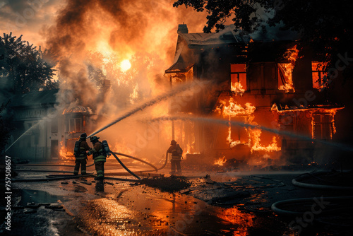 Firefighters extinguish a burning house