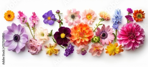 Collection of flowers white daisy and multicolored gerbera isolated on white background. Hello spring. Beautiful plant, garden concept. Nature. Easter. Love. Flat lay, top view
