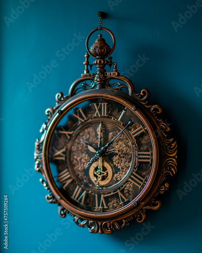 Vintage clock on the blue wall