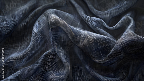 Detailed image of ethereal blue fabric displaying geometric patterns and a sense of delicate movement
