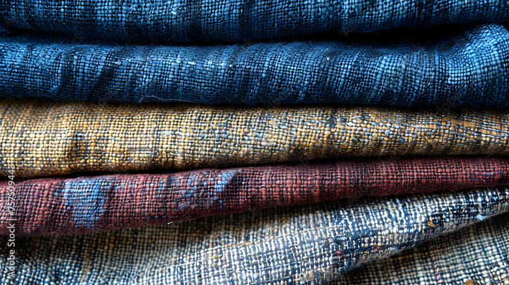 A close view of a neatly stacked pile of denim jeans showcasing the textures and colours of different weaves A close view of a neatly stacked pile of denim jeans showcasing the textures and colours of different weaves