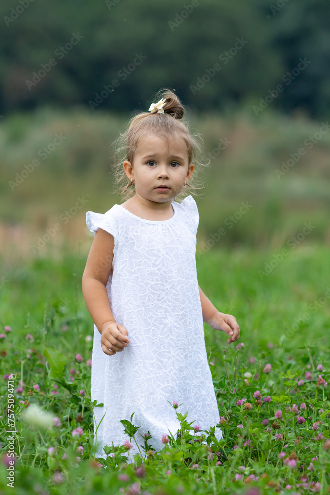 Little girl walking in the park. Portrait of happy little girl child wearing white dress on green summer background Little girl walking in the park. Portrait of happy little girl child wearing white dress on green summer background
