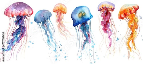set of jellyfish on an isolated white background, watercolor illustration, hand drawing © Ibad