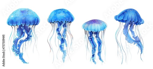 set of jellyfish on an isolated white background, watercolor illustration, hand drawing © Ibad
