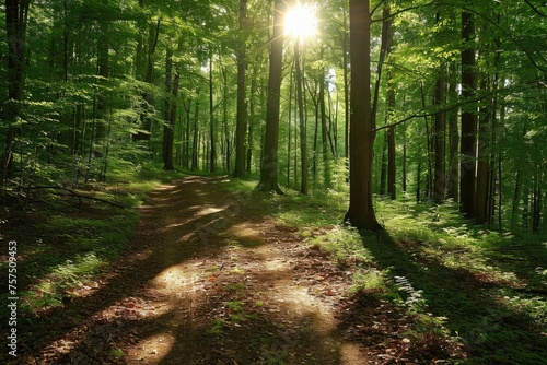 Sunlit Forest Path With Dappled Shadows