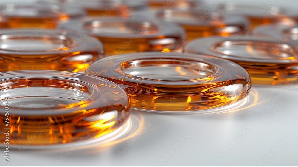 a close up of a group of glass jars with lids on a white surface with a reflection of light on the top of the jars. a close up of a group of glass jars with lids on a white surface with a reflection of light on the top of the jars.