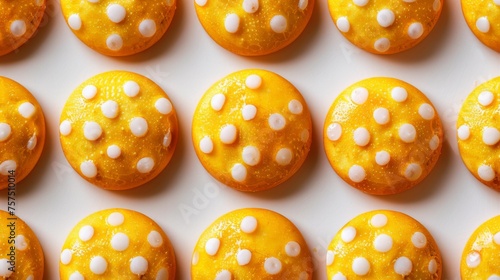 a close up of many orange cookies with white sprinkles on top of each one on a white surface. photo