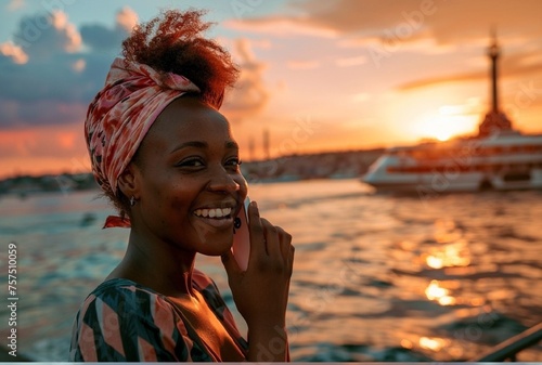 Stunning high resolution photo of a multiracial girl, impressed and excited, talking on the phone on the waterfront of a southern city at sunset.