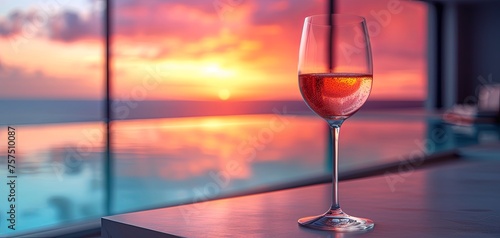 Luxurious Evening: Rose Wine Glass Against a Sunset Seascape