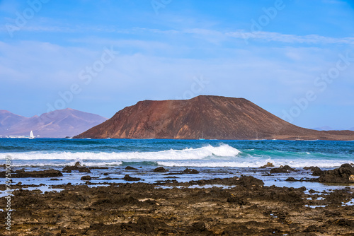The scenic view of Lobos Island. Lobos is a small island of the Canary Islands located north of the island of Fuerteventura. 