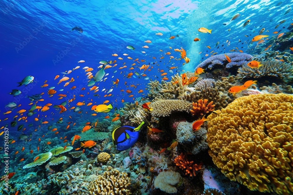 Naklejka premium Vibrant Coral Reef With Diverse Marine Life