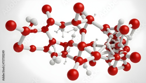 An intricate molecular structure of lysergic acid diethylamide (LSD) depicted in vibrant red and white hues against a crisp white background, showcasing its chemical complexity. photo