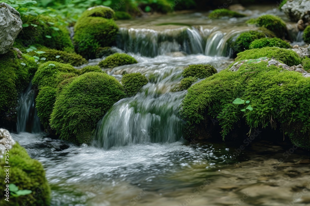 Babbling brook flowing through moss-covered rocks Babbling brook flowing through moss-covered rocks