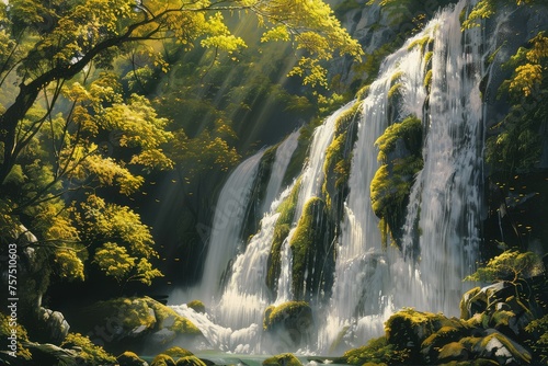 A mesmerizing view of a majestic waterfall surrounded by a dense forest  lush greenery  and crystal-clear water cascading down moss-covered rocks  creating a tranquil and picturesque natural scene