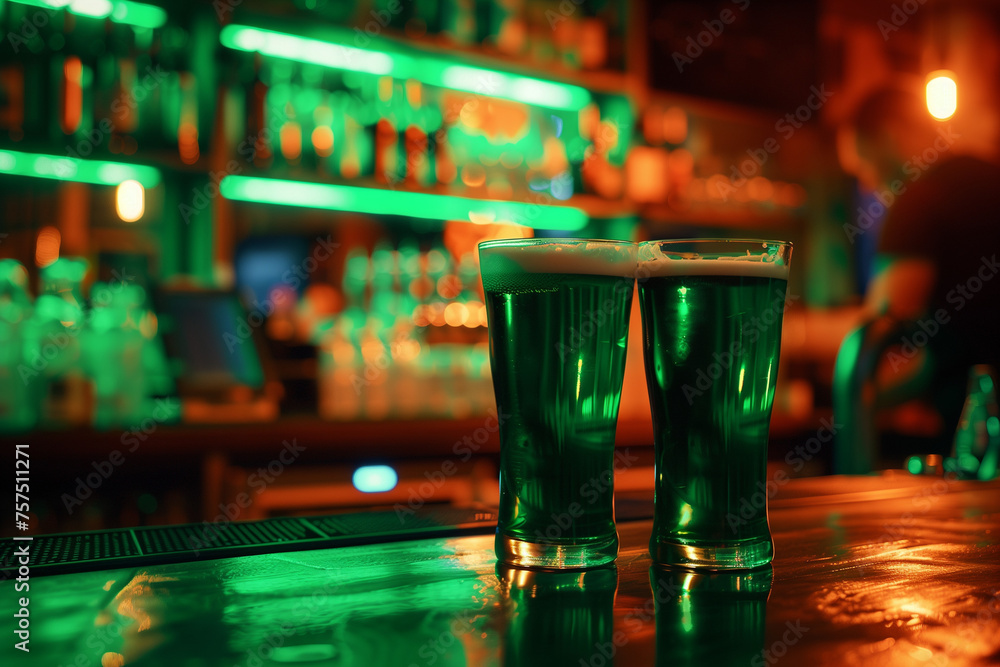 Two glasses of traditional green beer for st. Patrick's day celebration on bar counter. Copy space, background. Two glasses of traditional green beer for st. Patrick's day celebration on bar counter. Copy space, background.