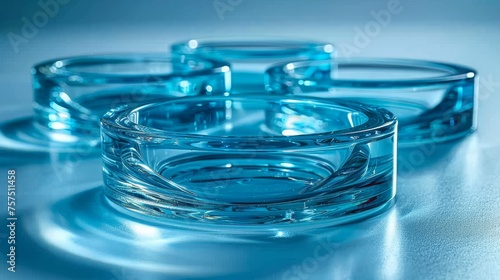 a group of glass cups sitting on top of a white counter top in front of a light blue back ground. photo