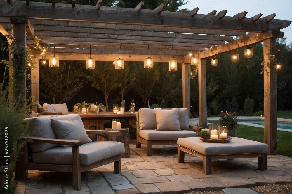 Fototapeta premium Rustic outdoor lounge area with a weathered wooden pergola, cozy outdoor furniture, and soft ambient lighting, creating an inviting space for relaxation