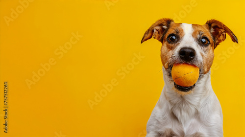 Cute Jack Russell dog holding toy ball in mouth waiting to walk and play, looking to owner on a yellow background. Pet activity concept, trayning, fun and lifestyle. Copy space banner. photo
