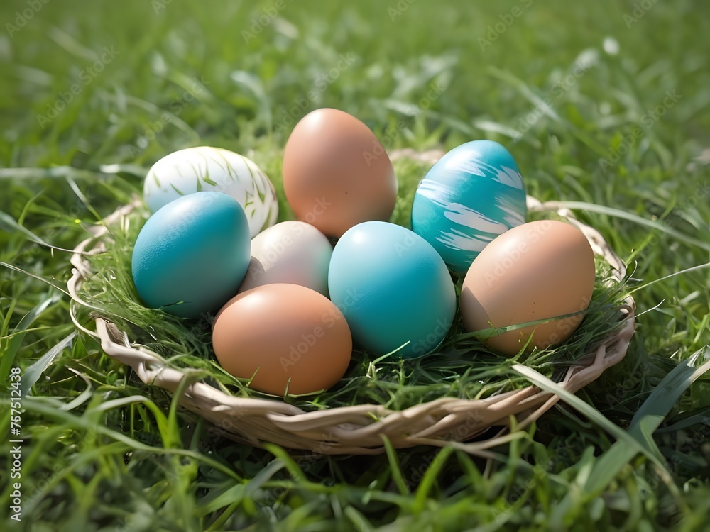 Easter eggs in a wicker basket on the grass.