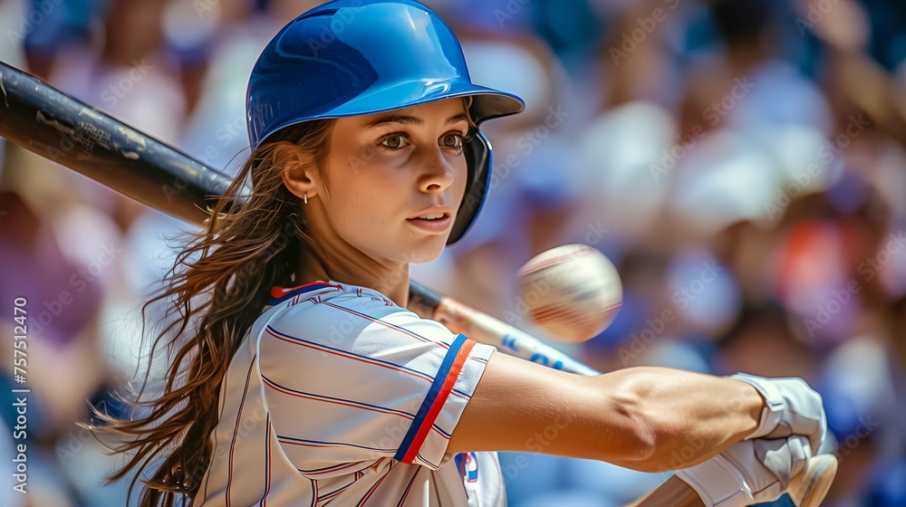 Young Female Batter In Striped Uniform And Blue Helmet Intently Awaiting Pitch In Baseball Game, - obrazy, fototapety, plakaty 
