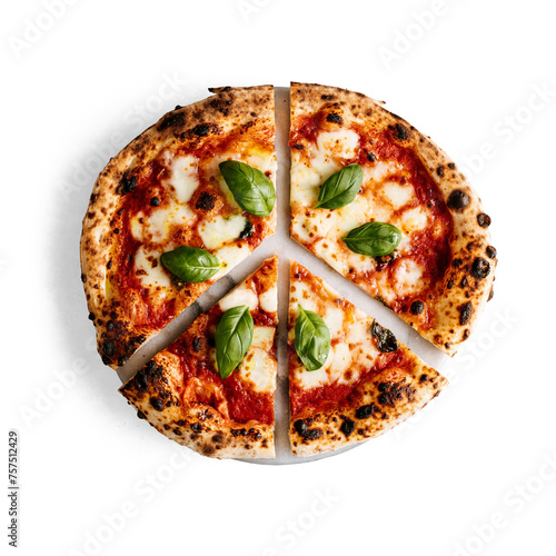 Sourdough Margherita Pizza with Fresh Chopped Basil served on stone plate with transparent background and shadow
