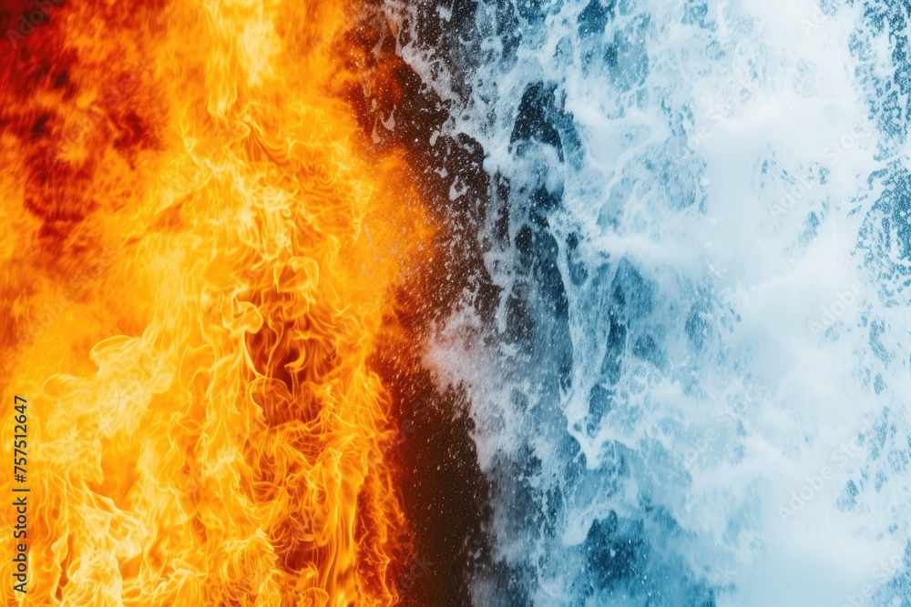 A fire and water image with a blue and red background